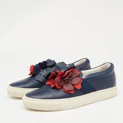 Pre Owned Lanvin Navy Blue Leather Flower Embellished Slip On Sneakers Size 37