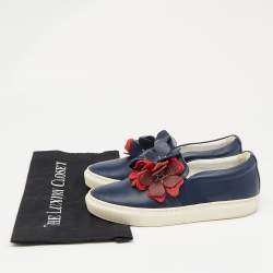 Pre Owned Lanvin Navy Blue Leather Flower Embellished Slip On Sneakers Size 37