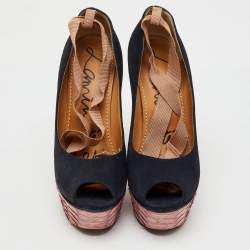 Lanvin Navy Blue/Pink  Suede and Snakeskin Ankle Wrap Platform Wedge Pumps Size 38