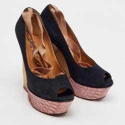 Lanvin Navy Blue/Pink  Suede and Snakeskin Ankle Wrap Platform Wedge Pumps Size 38