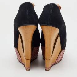 Lanvin Navy Blue/Pink  Suede and Snakeskin Ankle Wrap Platform Wedge Pumps Size 38