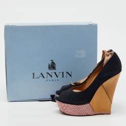 Lanvin Navy Blue/Pink  Suede and Snakeskin Ankle Wrap Platform Wedge Pumps Size 38
