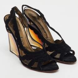 Lanvin Black Suede Slingback Wedge Sandals Size 40