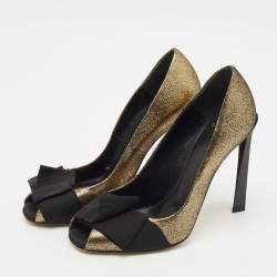 Lanvin Gold/Black Fabric and Leather Bow Peep Toe Pumps Size 36.5