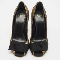 Lanvin Gold/Black Fabric and Leather Bow Peep Toe Pumps Size 36.5