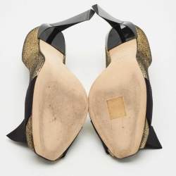 Lanvin Gold/Black Fabric and Leather Bow Peep Toe Pumps Size 36.5