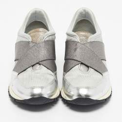 Pre Owned Lanvin Silver Leather and Fabric Cloth Trainer Sneakers Size 38