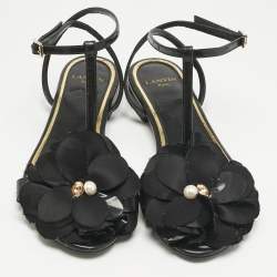 Pre Owned Lanvin Black Patent Leather and Satin Flower Flat Sandals Size 38