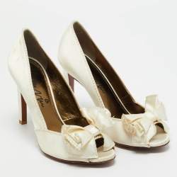 Pre Owned Lanvin White Satin Bow Peep Toe Pumps Size 36.5