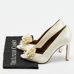 Pre Owned Lanvin White Satin Bow Peep Toe Pumps Size 36.5