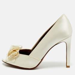 Pre Owned Lanvin White Satin Bow Peep Toe Pumps Size 36.5