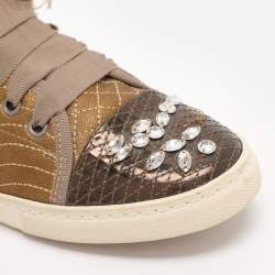 Pre Owned Lanvin Gold Quilted Leather Crystal Embellished Low Top Sneakers Size 40