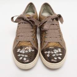 Pre Owned Lanvin Gold Quilted Leather Crystal Embellished Low Top Sneakers Size 40