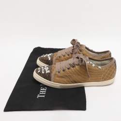 Pre Owned Lanvin Gold Quilted Leather Crystal Embellished Low Top Sneakers Size 40