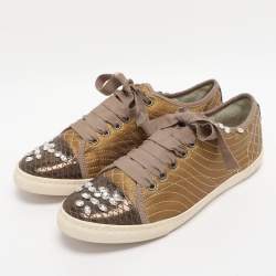 Pre Owned Lanvin Gold Quilted Leather Crystal Embellished Low Top Sneakers Size 40