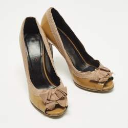 مملوكة مسبقًا حذاء كعب عالي لانفان جلد بني لامع وقماش شريط مزدوج فتحة أمامية مقاس 41