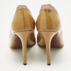 مملوكة مسبقًا حذاء كعب عالي لانفان جلد بني لامع وقماش شريط مزدوج فتحة أمامية مقاس 41