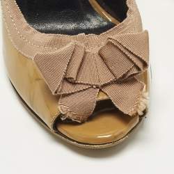 مملوكة مسبقًا حذاء كعب عالي لانفان جلد بني لامع وقماش شريط مزدوج فتحة أمامية مقاس 41