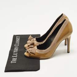 مملوكة مسبقًا حذاء كعب عالي لانفان جلد بني لامع وقماش شريط مزدوج فتحة أمامية مقاس 41