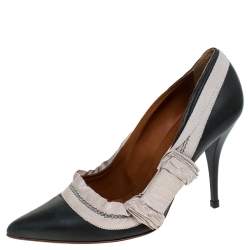 Lanvin Grey Leather And Beige Canvas Trim Pointed Toe Pumps Size 41
