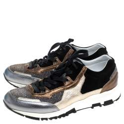 Pre Owned Lanvin Multicolor Suede Leather And Glitter Fabric Low Top Lace Up Sneakers Size 38