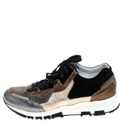 Pre Owned Lanvin Multicolor Suede Leather And Glitter Fabric Low Top Lace Up Sneakers Size 38