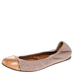 Pre Owned Lanvin Mauve Beige Leather And Metallic Python Embossed Trim Cap Toe Ballet Flats Size 39