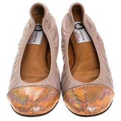 Pre Owned Lanvin Mauve Beige Leather And Metallic Python Embossed Trim Cap Toe Ballet Flats Size 39