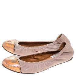 Pre Owned Lanvin Mauve Beige Leather And Metallic Python Embossed Trim Cap Toe Ballet Flats Size 39