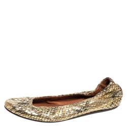 Pre Owned Lanvin Gold Snakeskin Embossed Leather Ballerina Flats Size 37