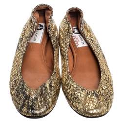 Pre Owned Lanvin Gold Snakeskin Embossed Leather Ballerina Flats Size 37