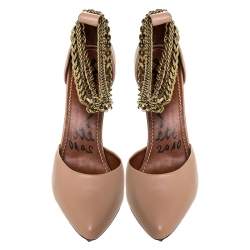 Pre Owned Lanvin Beige Leather Gold-Tone Chain Ankle Strap D'orsay Platform Pumps Size 40 