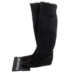 Pre Owned Lanvin Black Suede And Wool Trim Knee Length Wedge Boots Size 38