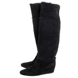 Pre Owned Lanvin Black Suede And Wool Trim Knee Length Wedge Boots Size 38