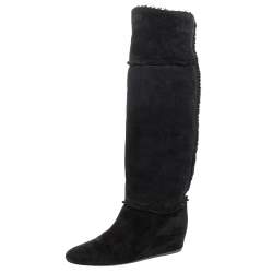 Pre Owned Lanvin Black Suede And Wool Trim Knee Length Wedge Boots Size 38