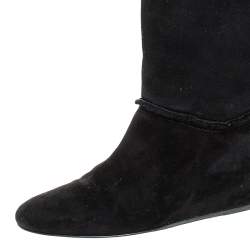 Pre Owned Lanvin Black Suede And Wool Trim Knee Length Wedge Boots Size 38