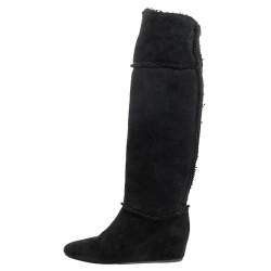 Pre Owned Lanvin Black Suede And Wool Trim Knee Length Wedge Boots Size 38