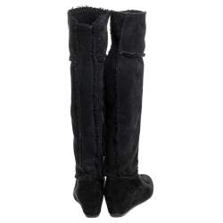 Pre Owned Lanvin Black Suede And Wool Trim Knee Length Wedge Boots Size 38