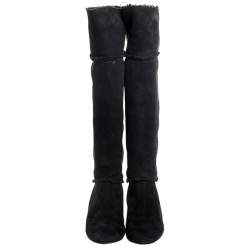 Pre Owned Lanvin Black Suede And Wool Trim Knee Length Wedge Boots Size 38