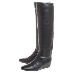 Pre Owned Lanvin Black Leather Knee Length Wedge Boots Size 37