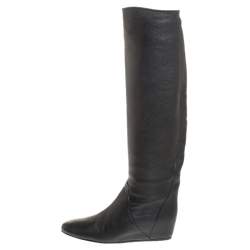 Pre Owned Lanvin Black Leather Knee Length Wedge Boots Size 37