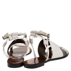 Pre Owned Lanvin Ivory Leather And Elastic Cord Ankle Strap Flat Sandals Size 36