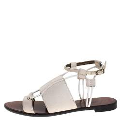 Pre Owned Lanvin Ivory Leather And Elastic Cord Ankle Strap Flat Sandals Size 36