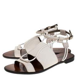 Pre Owned Lanvin Ivory Leather And Elastic Cord Ankle Strap Flat Sandals Size 36