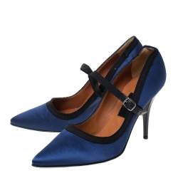 Pre Owned Lanvin Blue/Black Satin Mary Jane Pointed Toe Pumps Size 38