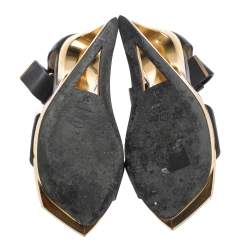 Pre Owned Lanvin Metallic Frame Wedge And Black Leather Flower Embellished Sandals Size 38