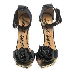 Pre Owned Lanvin Metallic Frame Wedge And Black Leather Flower Embellished Sandals Size 38