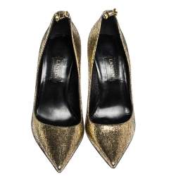 Pre Owned Lanvin Metallic Gold Textured Leather Pointed Toe Pumps Size 37.5
