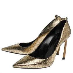 Pre Owned Lanvin Metallic Gold Textured Leather Pointed Toe Pumps Size 37.5