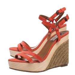 Pre Owned Lanvin Red Suede Espadrille Wedge Platform Ankle Strap Sandals Size 37.5